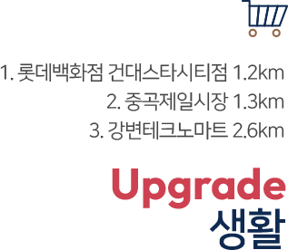 1. 롯데백화점 건대스타시티점 1.2km 2. 중곡제일시장 1.3km 3. 강변테크노마트 2.6km | Upgrade 생활